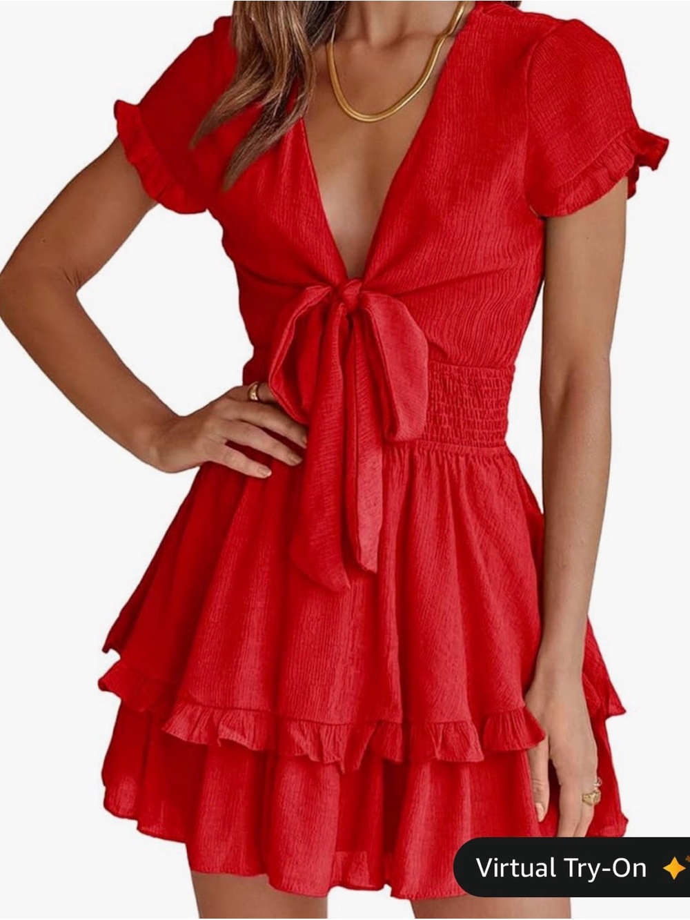 Red Tie-Front Ruffle Mini Dress - Picture 2 of 2